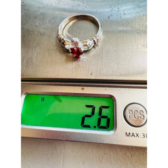 Estate Vintage Sterling Silver 925 Claddagh Ring Ruby Heart Size 8, 2.6g - Picture 11 of 11
